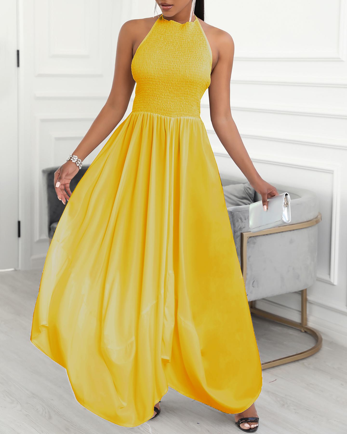 

Shirred Frill Hem Sleeveless Ruched Maxi Dress, Yellow