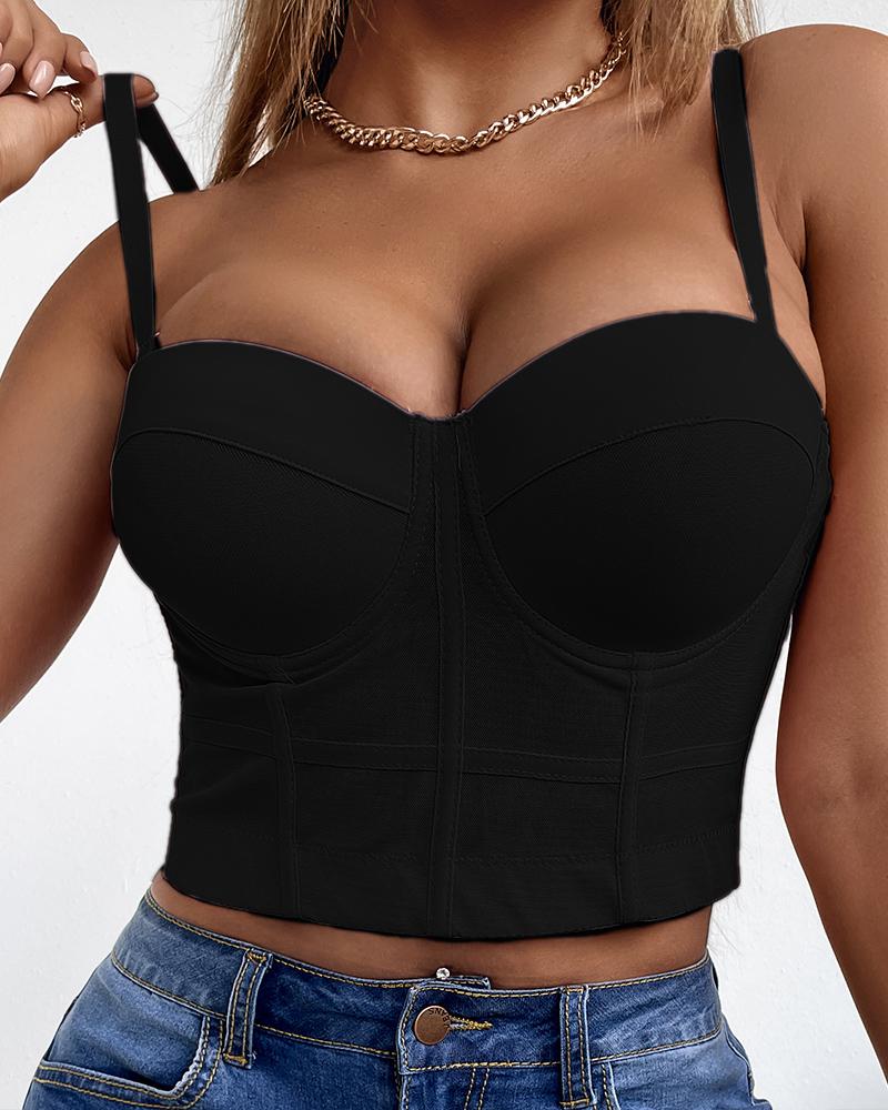 

Sheer Mesh V-Neck Spaghetti Strap Corset Crop Top, Black