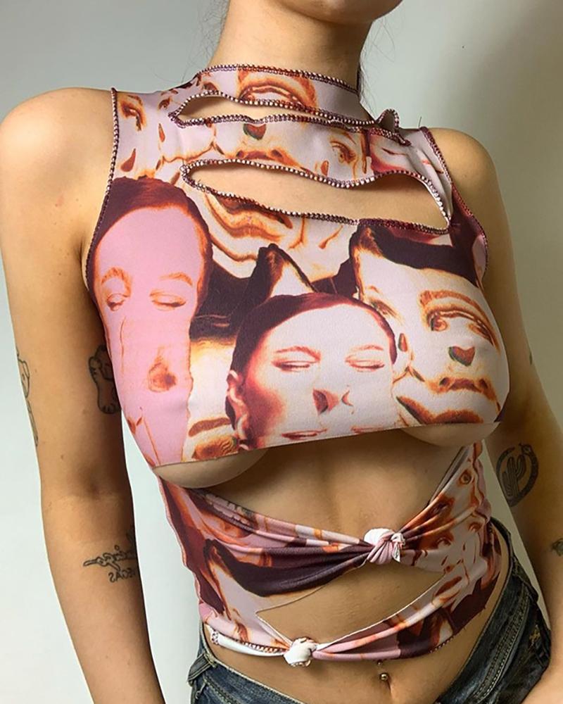

Spaghetti Strap Asymmetrical Bodycon Figure Print Tank, Multicolor