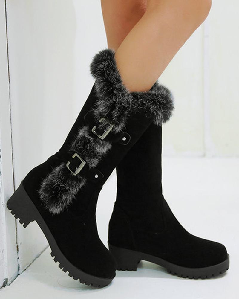 

Fuzzy Detail Buckled Lined Calf Snow Boots, Black