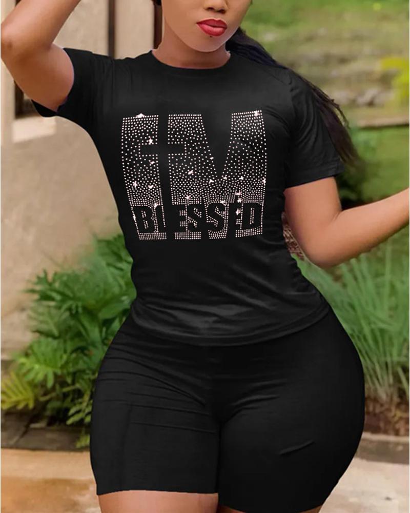 

Plus Size Rhinestone Letter Pattern Casual Top & Shorts Set, Black