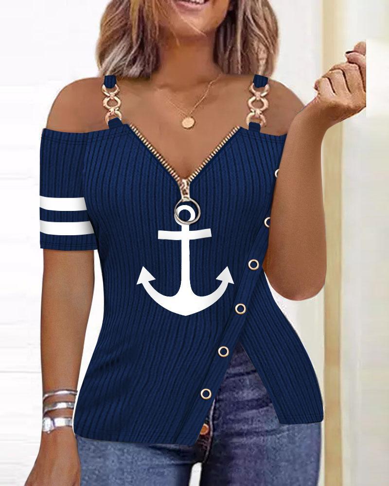 

Anchor Print Zip Detail Split Hem Cold Shoulder Top, Blue