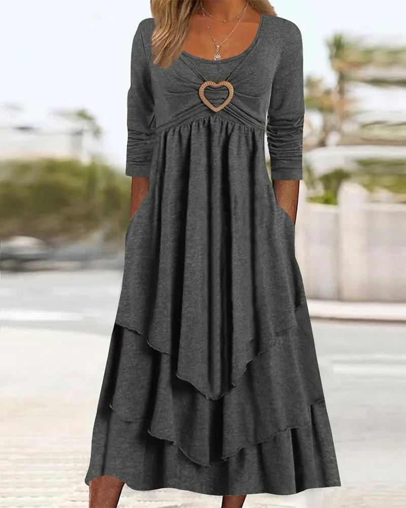 

Heart-Ring Decor Layered Ruffle Hem Casual Dress, Dark grey