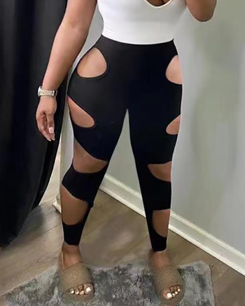

Cutout High Waist Plain Skinny Pants, Black