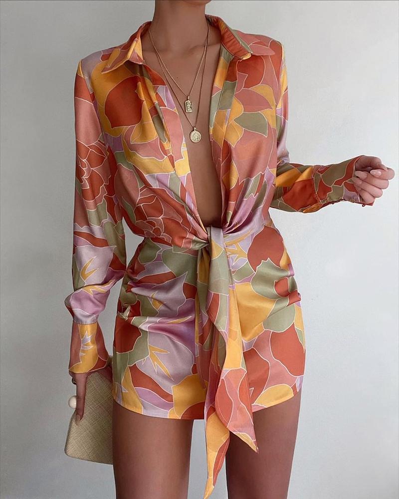 

Plunge All Over Print Tied Detail Shirt Dress, Multicolor