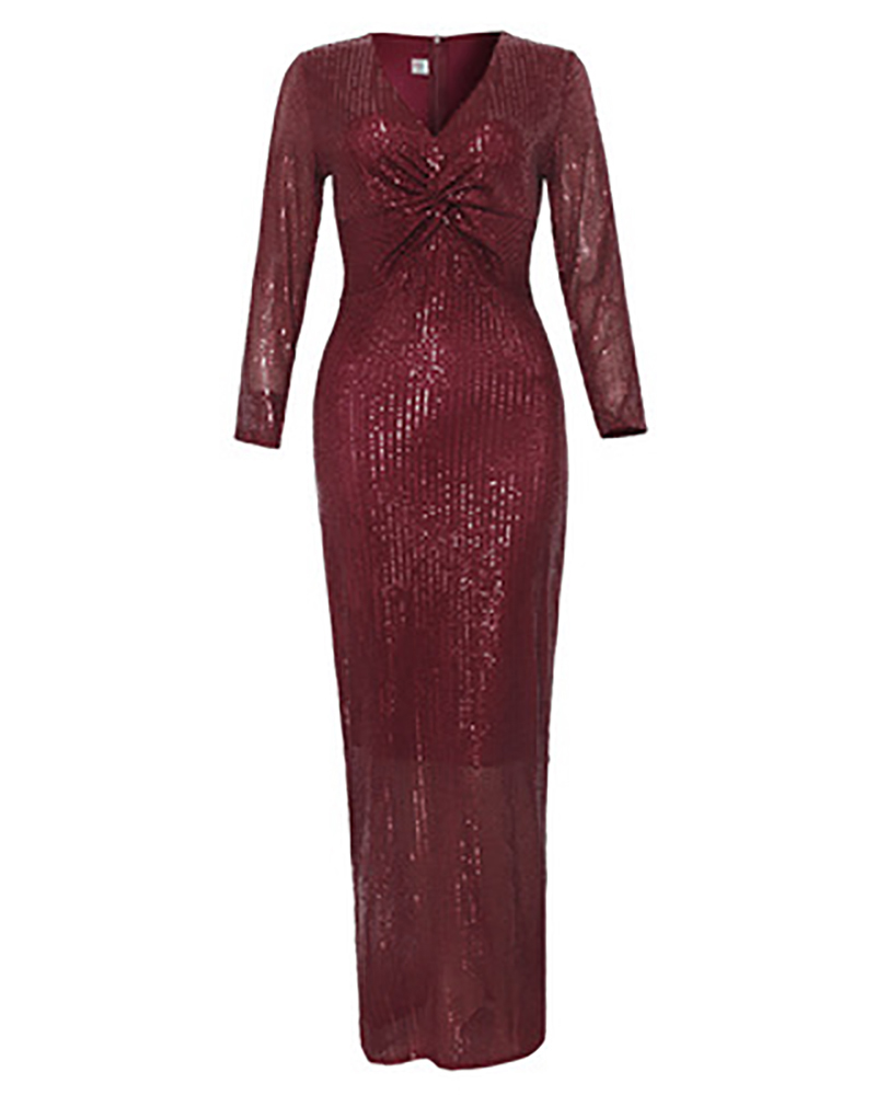 

Plus Size Allover Sequins Twisted Front High Slit Party Dress, Red