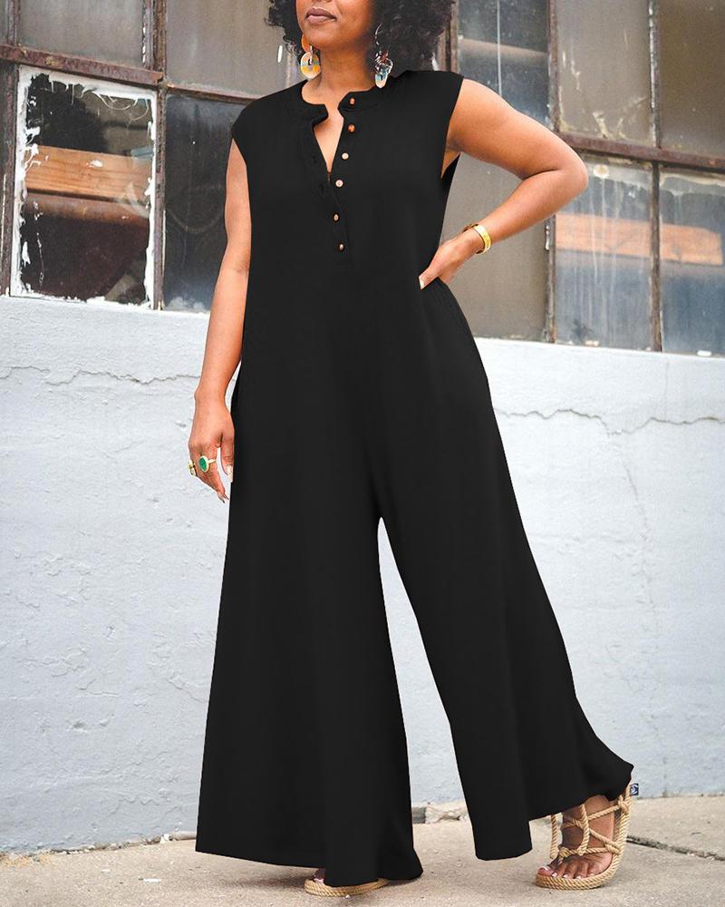 

Plus Size Buttoned Sleeveless Wide Leg Jumpsuit, Black