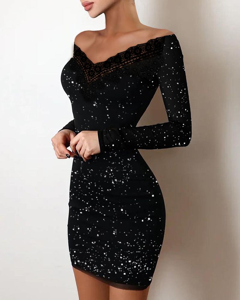 

Contrast Lace Glitter Bodycon Dress, Black