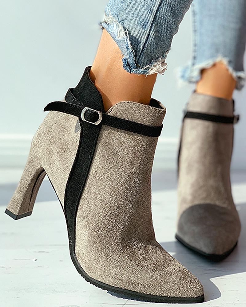 

Plain / Colorblock Pointed Toe Heeled Boots, Gray
