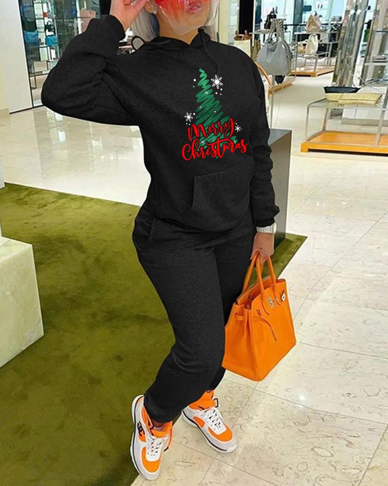 

Christmas Print Long Sleeve Drawstring Hoodie & Pants Set, Black