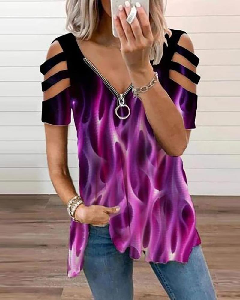 

Flame Print Cutout Sleeve Zip Front Top, Purple