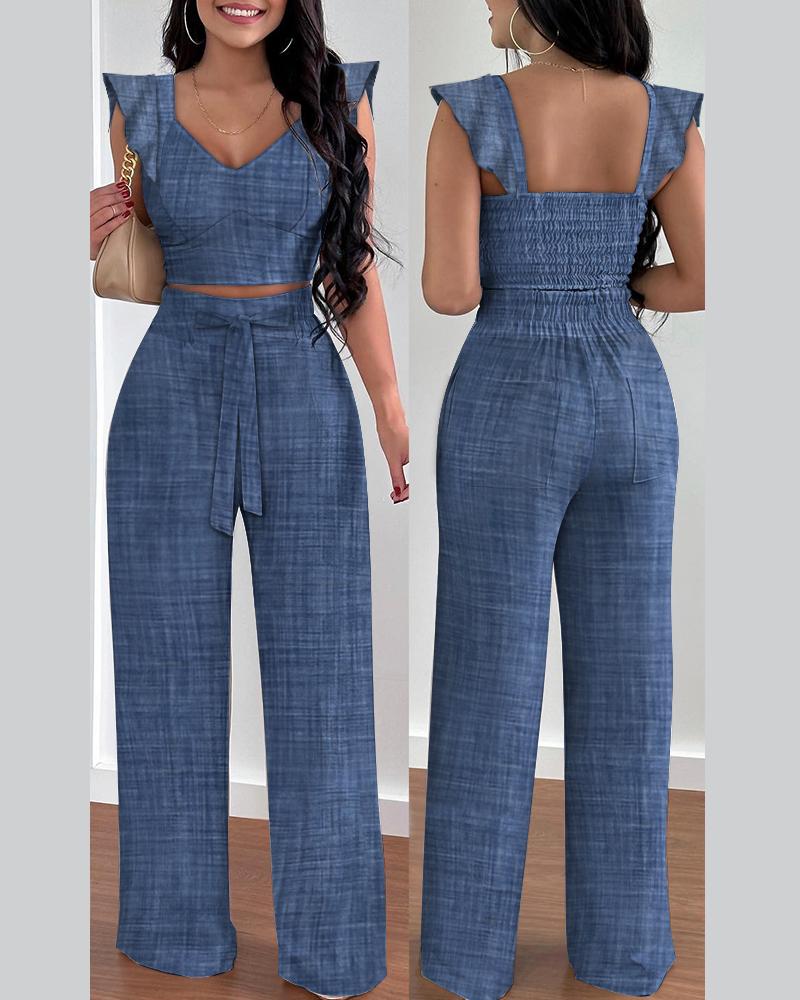 

Ruffle Hem Shirred Crop Top & High Waist Pants Set, Blue