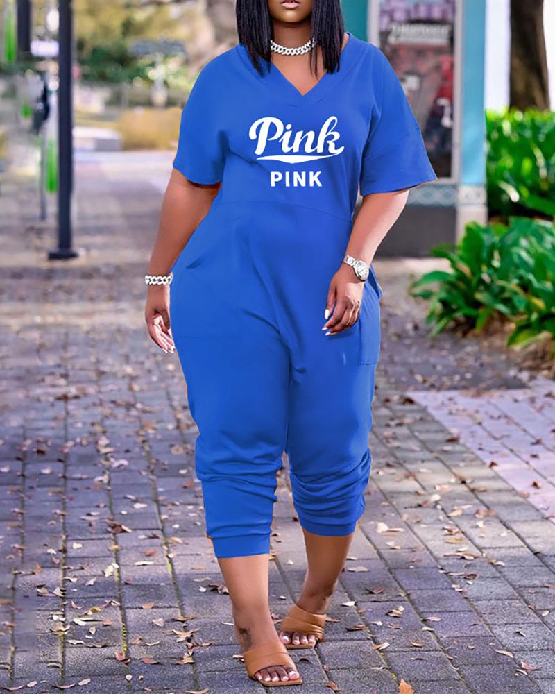 

Letter Print V-Neck Short Sleeve Pocket Design Jumpsuit, Blue