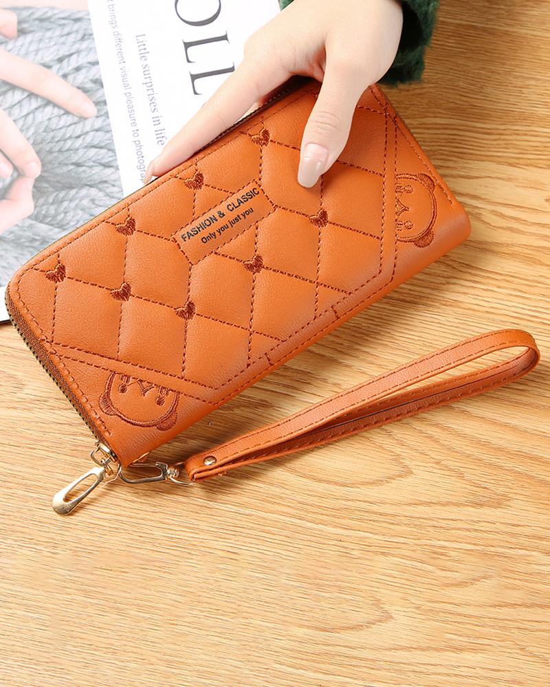 

Heart Pattern Quilted Zipper Purse, Brown