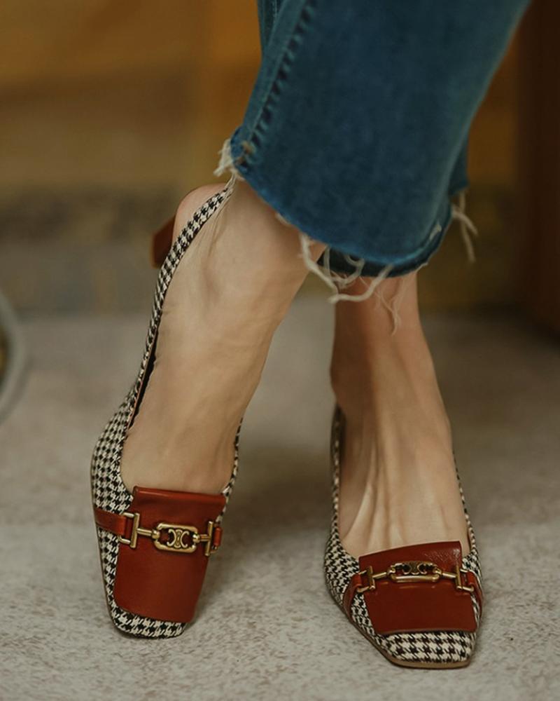 

Square-toe Houndstooth Print Splicing Buckle PU Leather High Heels, Brown