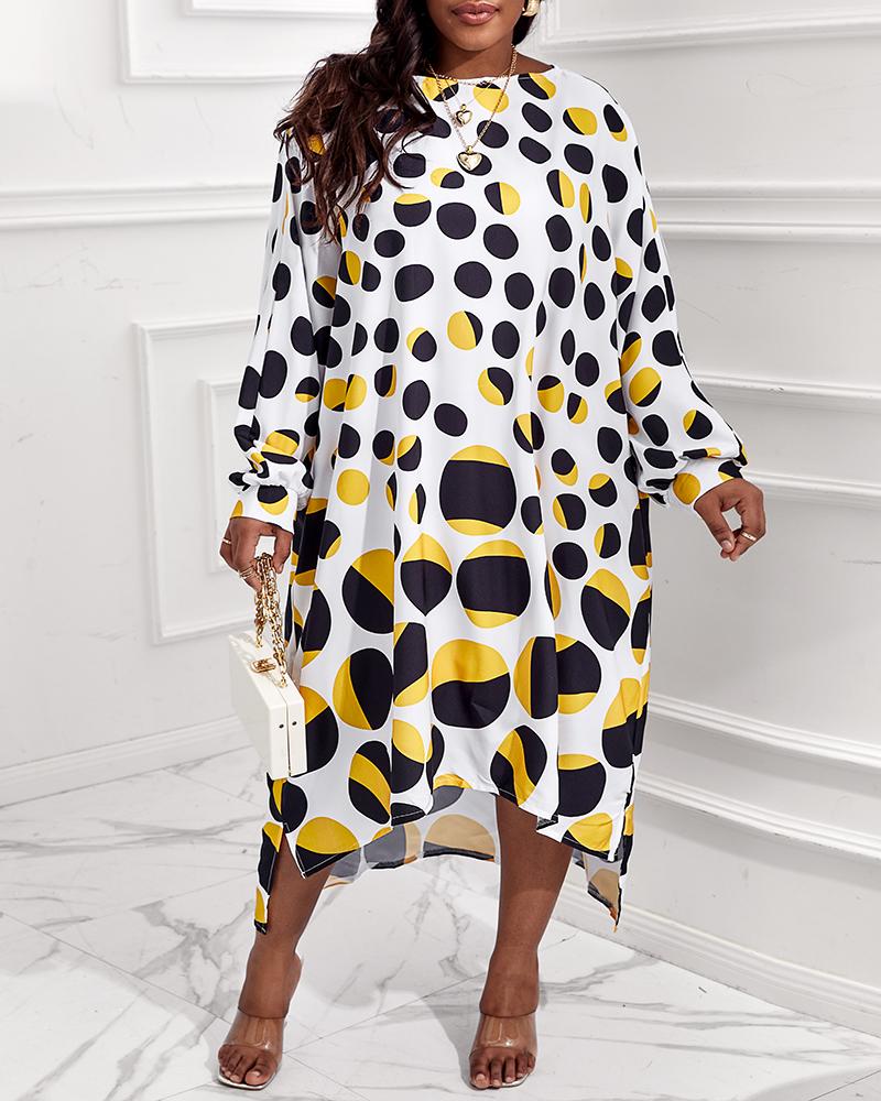 

Plus Size Polka Dot Print Batwing Sleeve Asymmetrical Dress, White