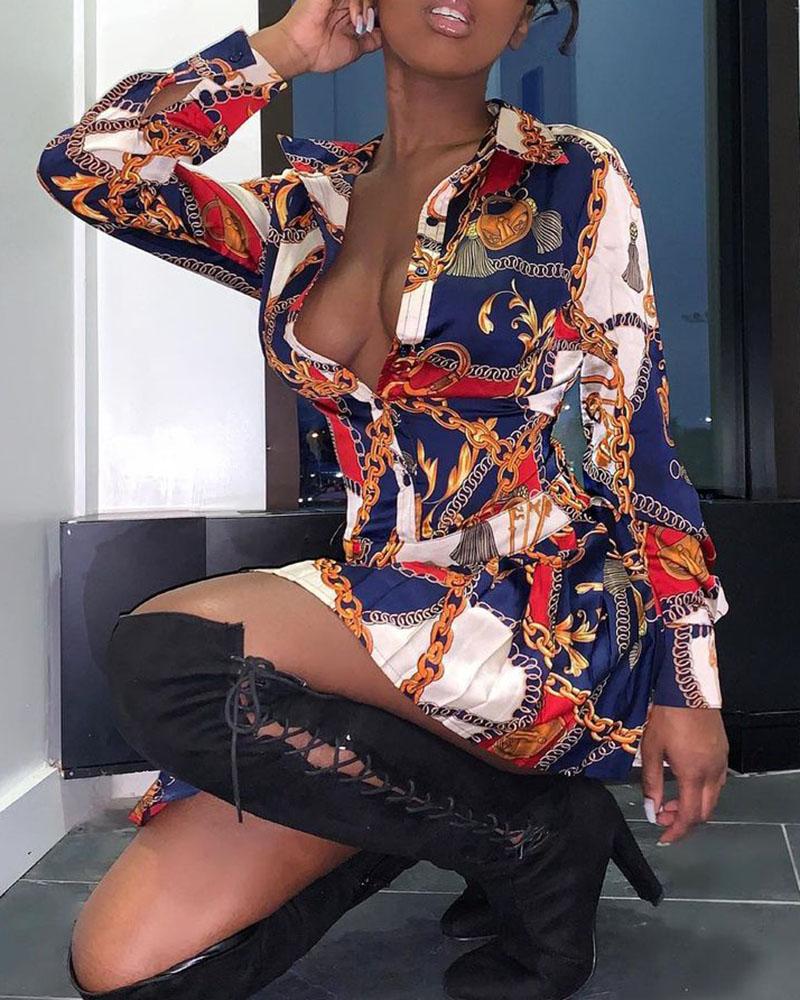 

Long Sleeve Button Design Scarf Print Shirt Dress, Multicolor