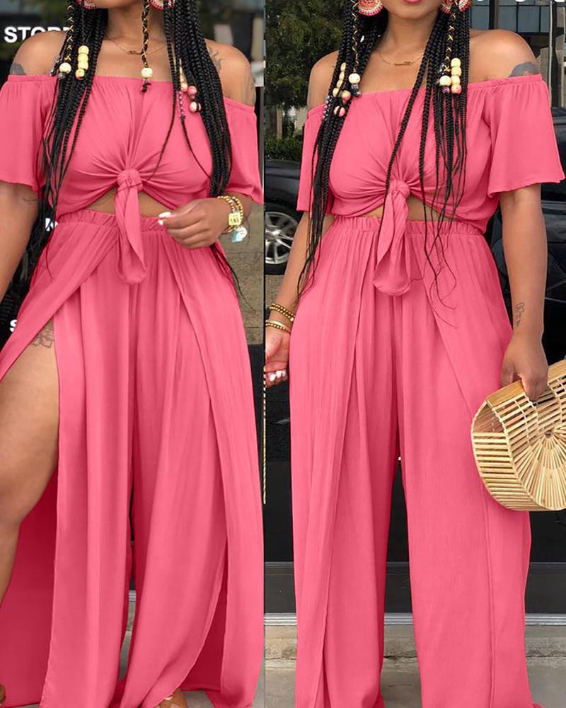 

Off Shoulder Tied Detail Top & Slit Leg Pants Set, Pink