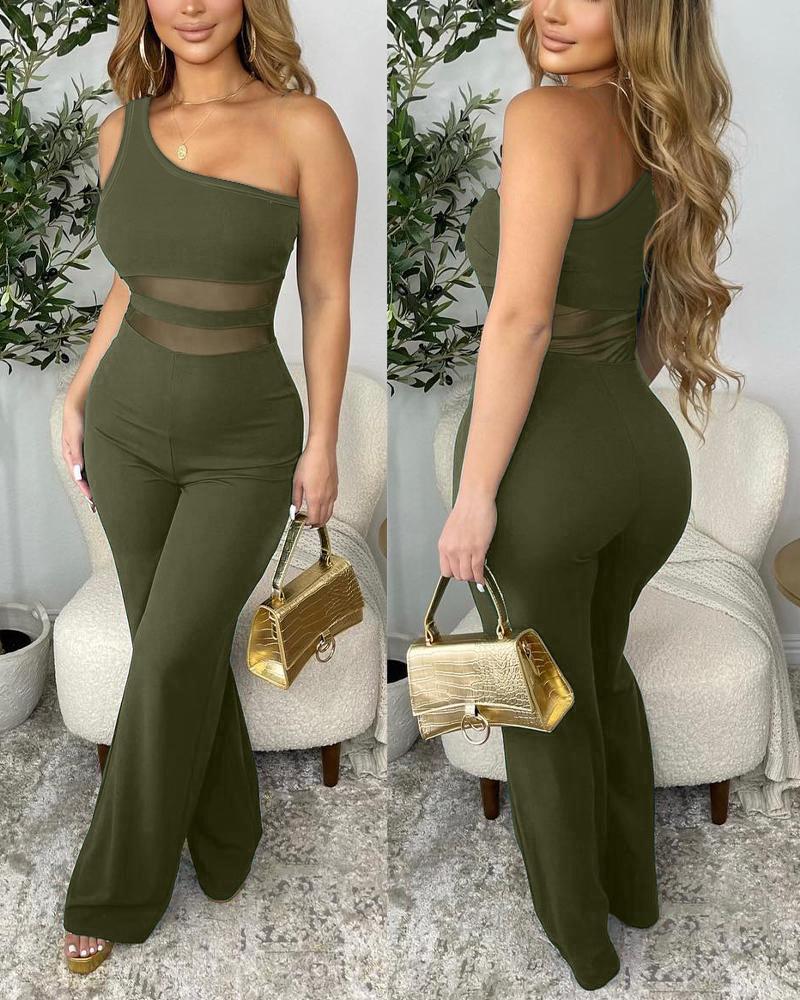 

Contrast Mesh One Shoulder Sleeveless Jumpsuit, Army green