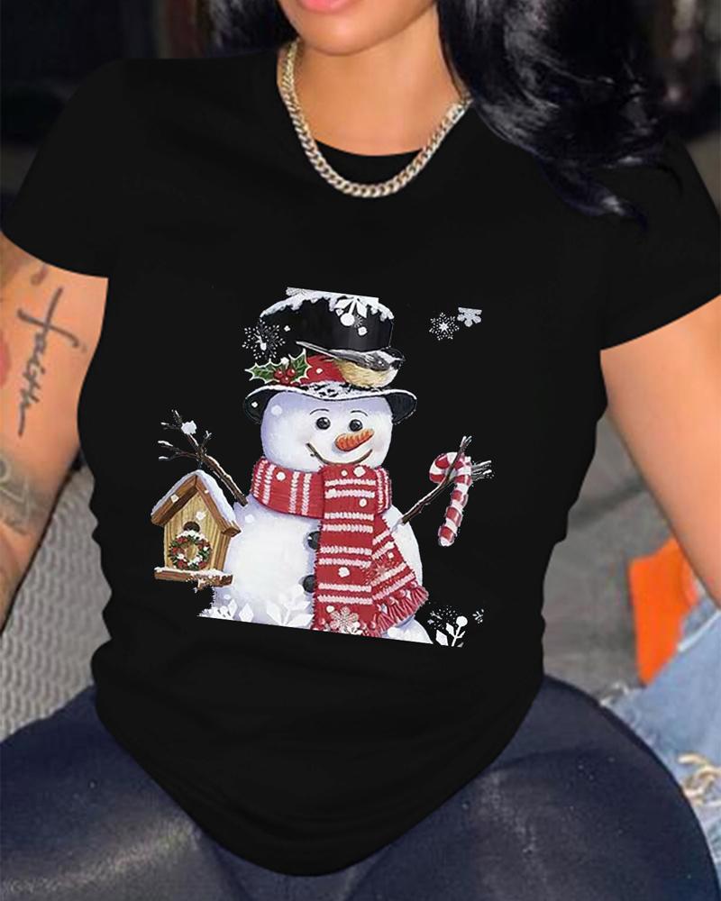 

Plus Size Christmas Snowman Print Casual T-shirt, Black