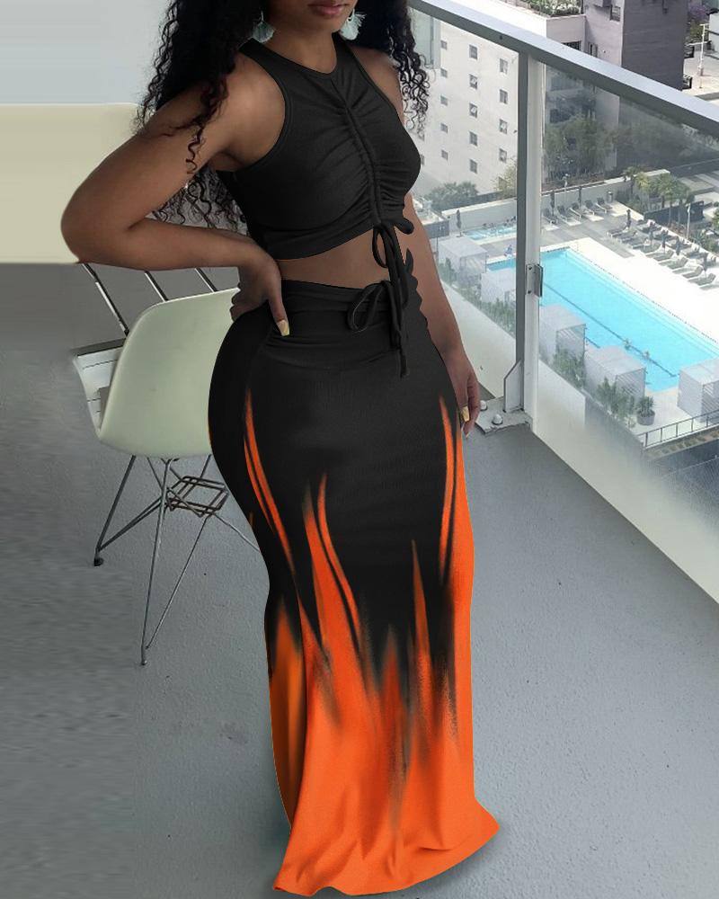 

Solid Drawstring Ruched Crop Tank Top & Ombre Colorblock Maxi Skirt Set, Orange