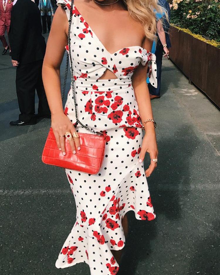 

One Shoulder Ruffles Floral Polkadot Print Dress, Multicolor