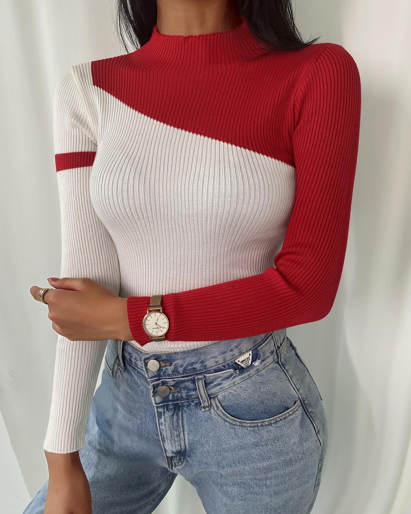 

Colorblock Long Sleeve Knit Top, Red