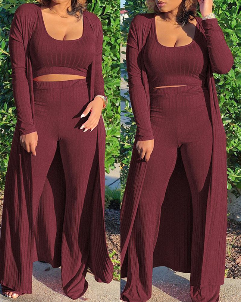 

Ribbed Tank Top & Bootcut Pants Set With Longline Cardigan, Wine red