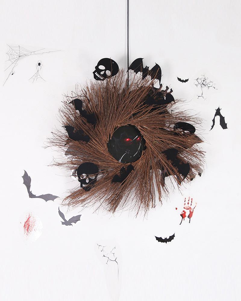 

Halloween Decoration Wreath For Front Door With Natural Vines & Skull & Bat Window Wall Fireplace Halloween Home Decor, Black