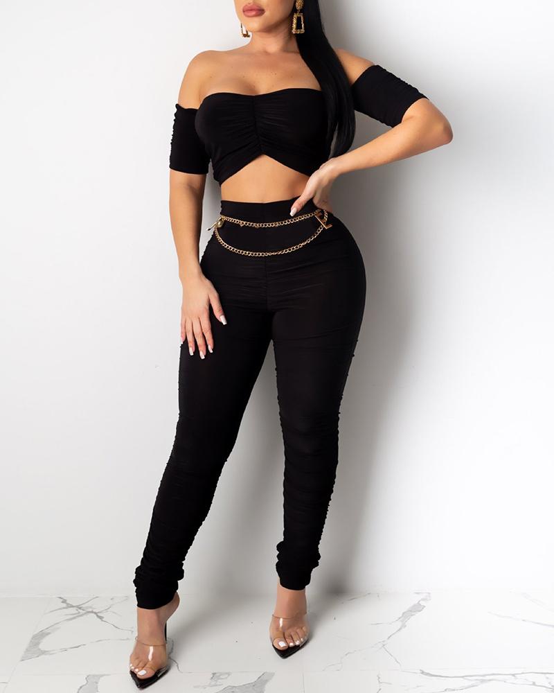 

Solid Ruched Tube Crop Top & Pant Sets, Black