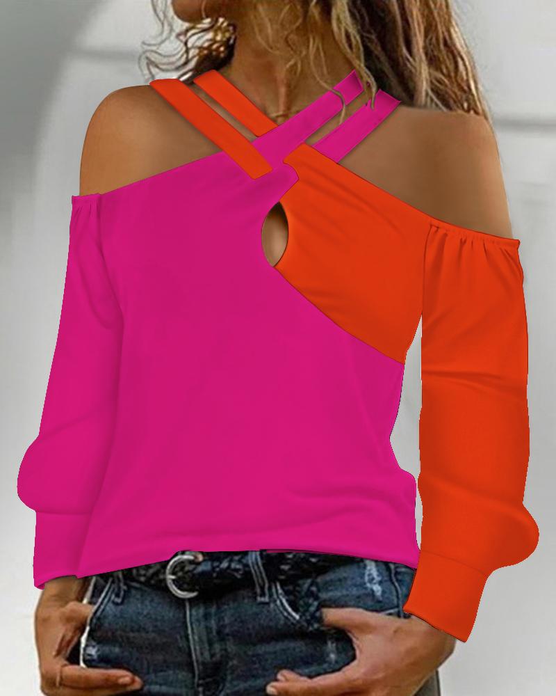 

Colorblock Crisscross Cold Shoulder Top, Rose red