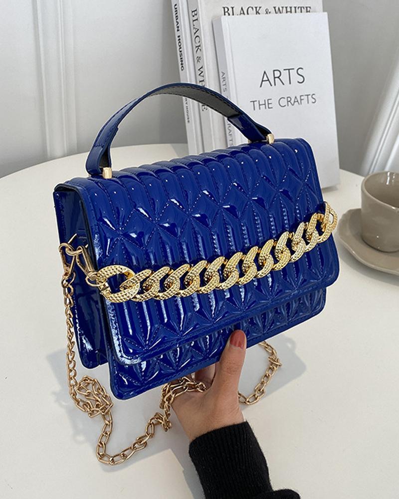 

Quilted Chain Strap Flap Shoulder Bag With Handle, Blue