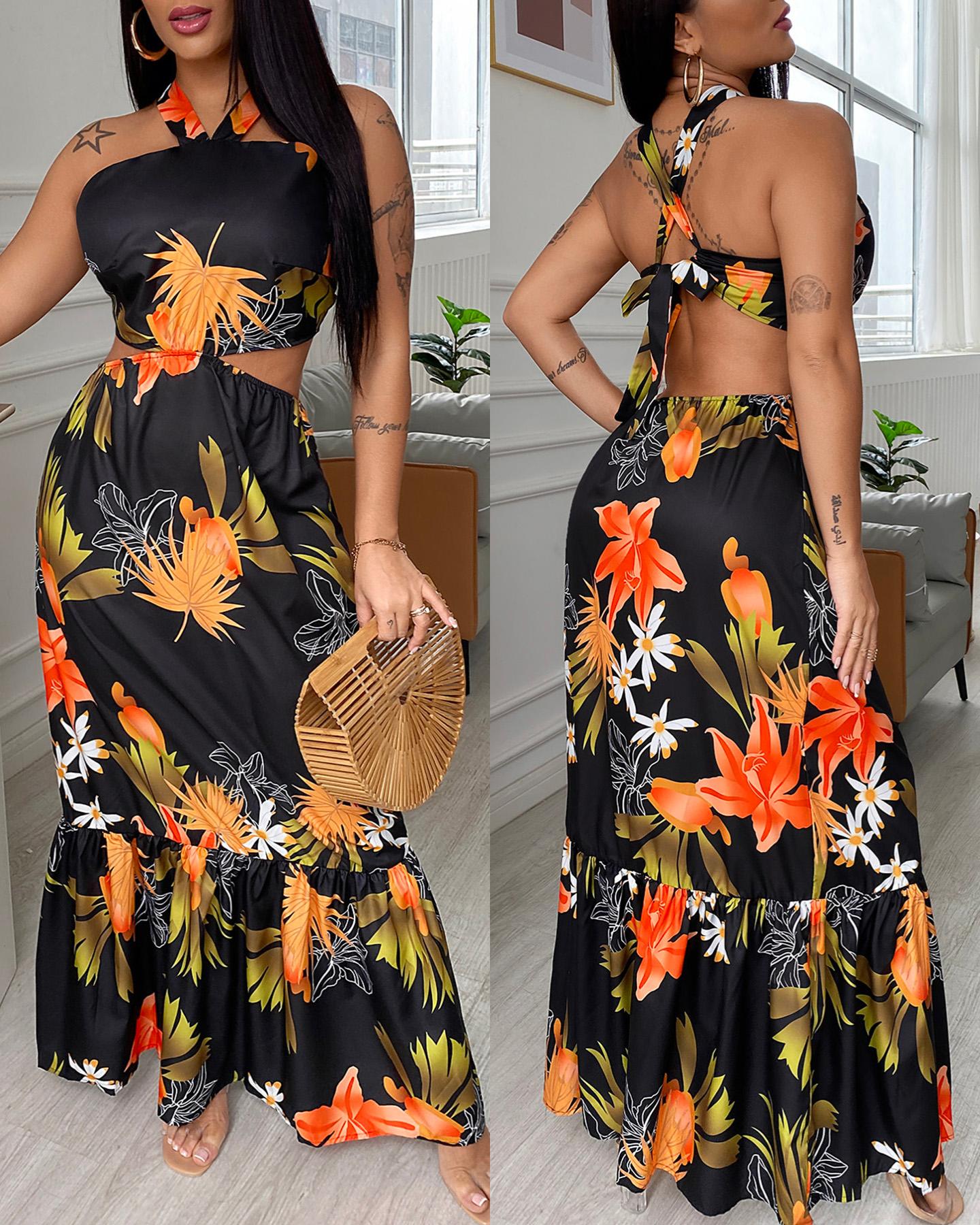 

Halter Tied Detail Floral Print Maxi Dress, Black