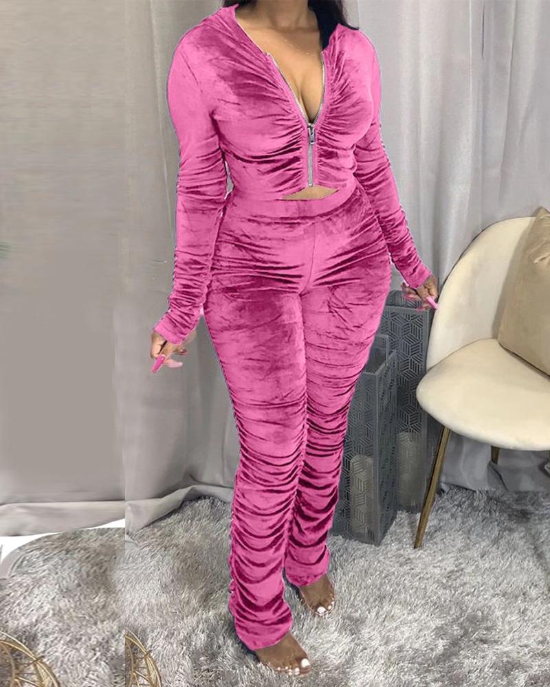 

Plain Zipper Design Long Sleeve Top & Pants Set, Hot pink