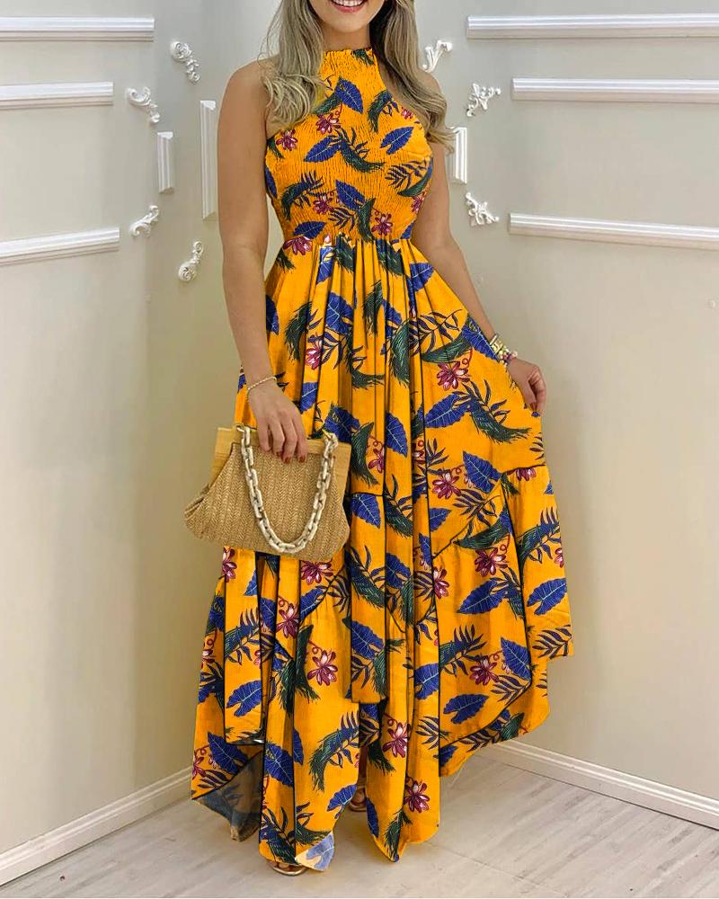 

Tropical Print Shirred Asymmetrical Maxi Dress, Yellow