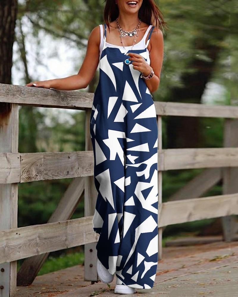 

Geometric Print Casual Suspender Jumpsuit, Blue