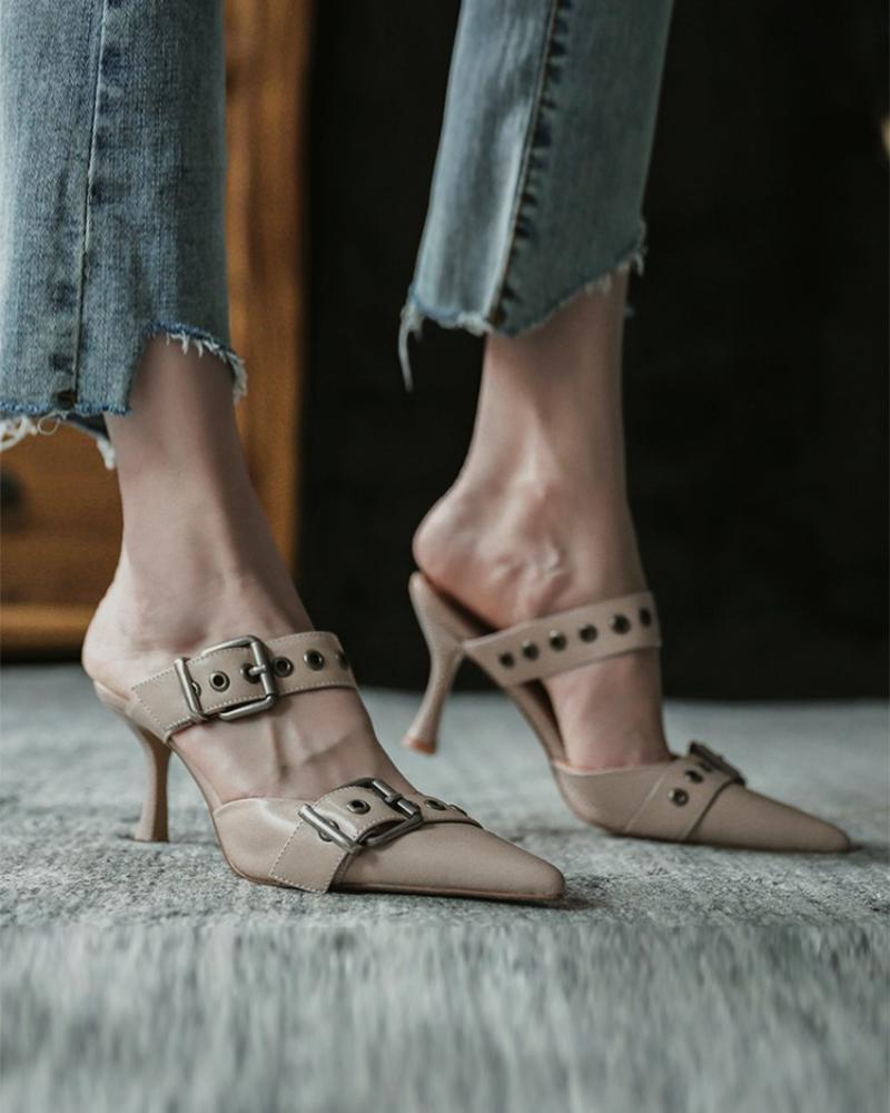 

Solid Double Bandage Studded Eyelet High Heel Sandals, Khaki