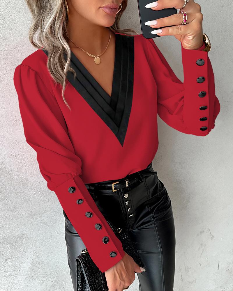 

Contrast Paneled Gigot Sleeve Buttoned Top, Red