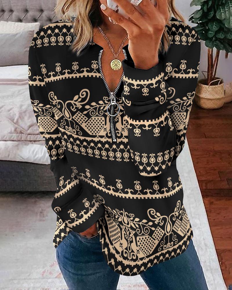 

Tribal Print Zip Detail Long Sleeve Top, Black