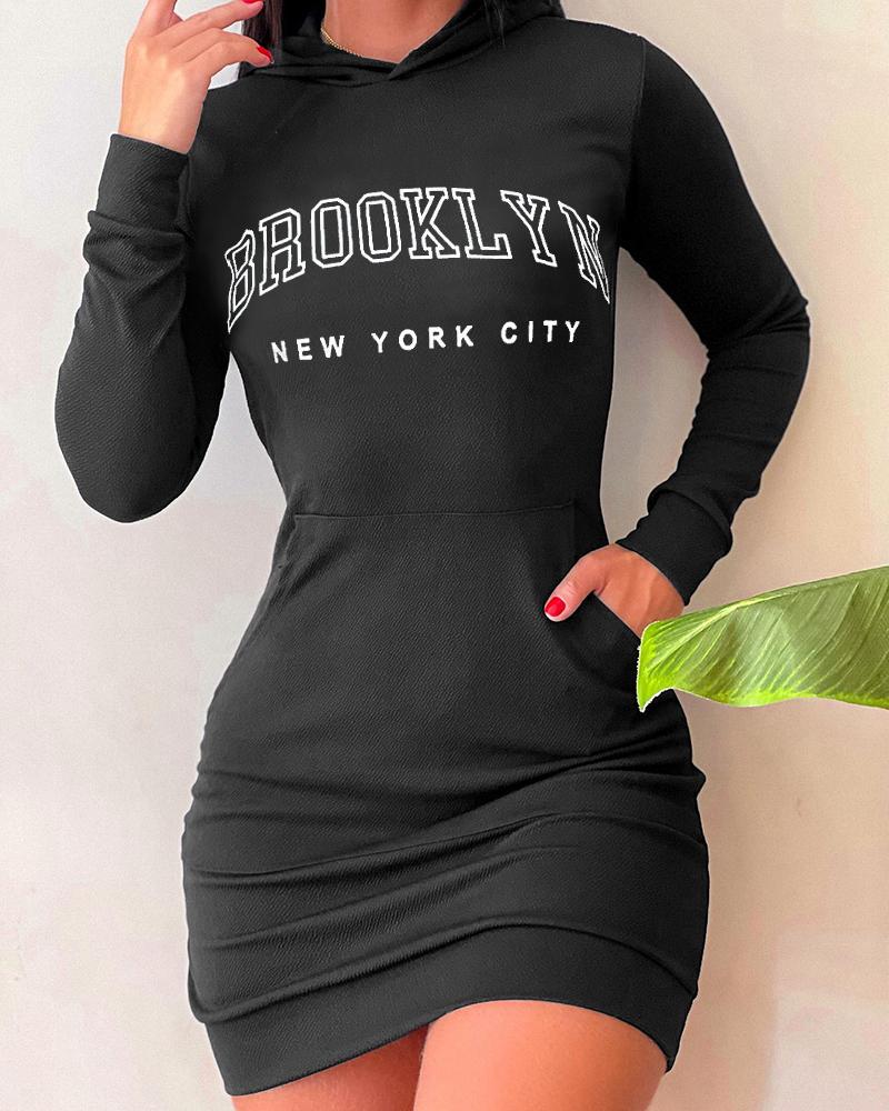 

Brooklyn Print Hooded Sweatshirt Dress, Black