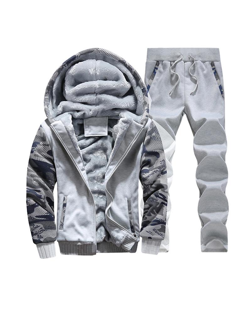 

Men Camouflage Colorblock Hooded Top & Pants Set, Gray
