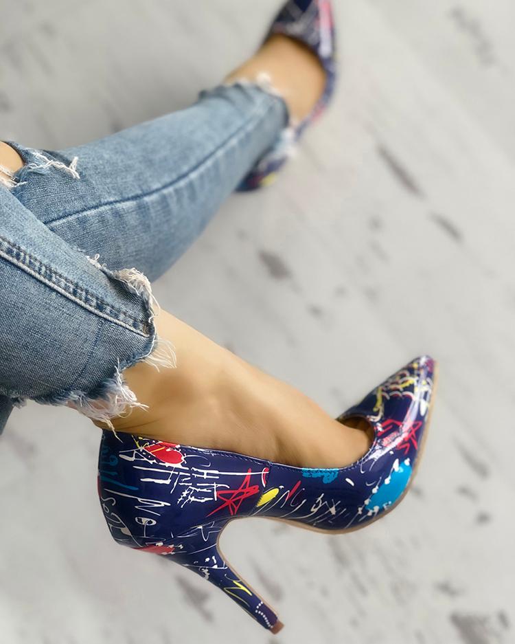 

Graffiti Print Point Toe Thin Heels, Blue