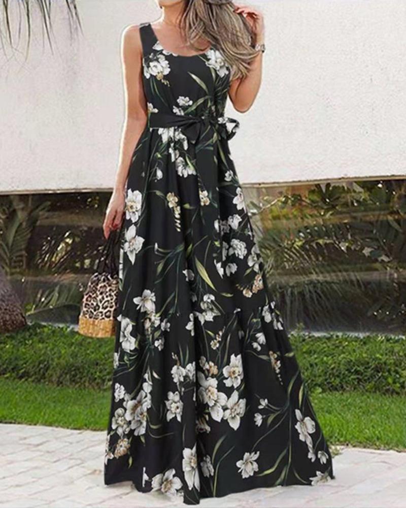 

Floral Print Round Neck Maxi Dress, Black
