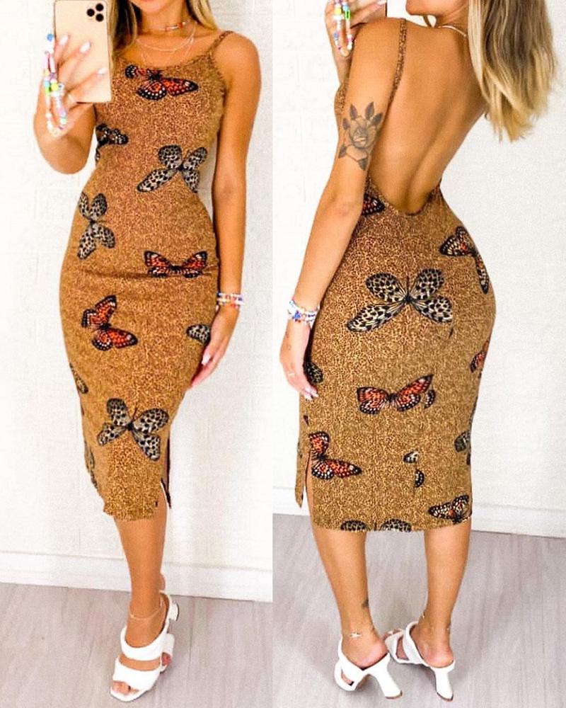 

Slit Backless Butterfly Cheetah Print Midi Dress, Brown