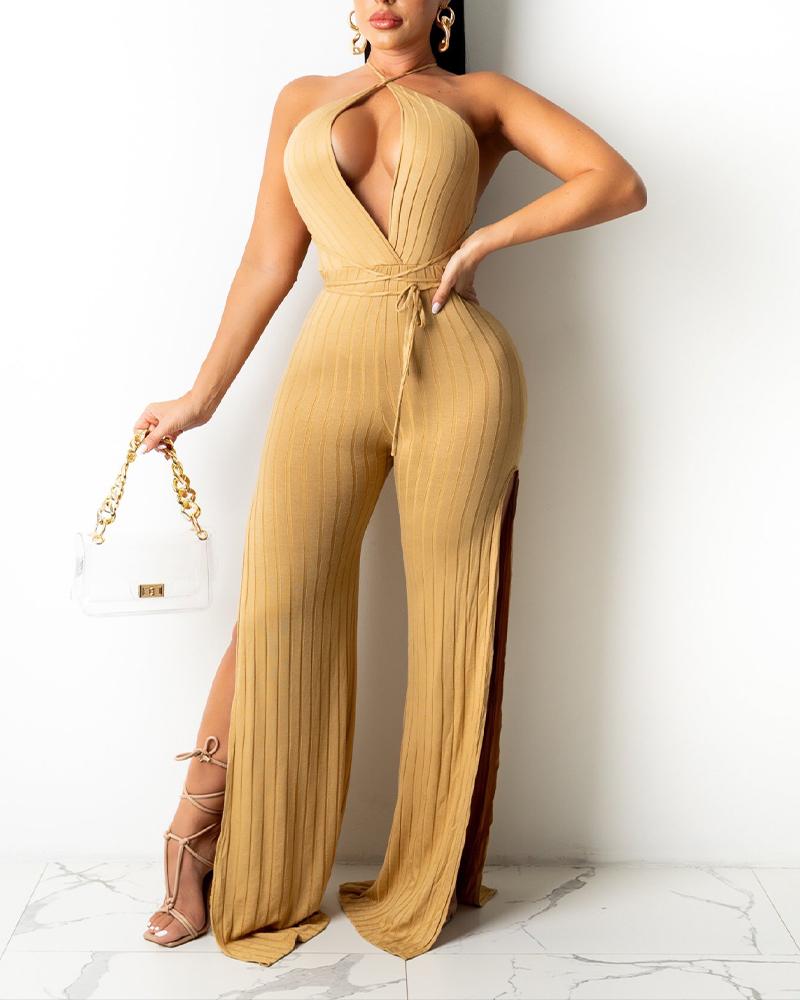 

Criss Cross Tie Backless Sleeveless Cut-Out Split Wide Leg Jumpsuit, Khaki