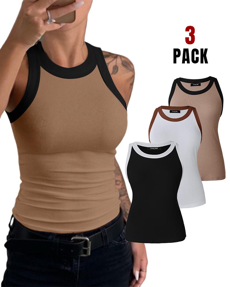 

3-Pack Contrast Binding Basic Slim Knit Ribbed Racerback Tank Top, Style4