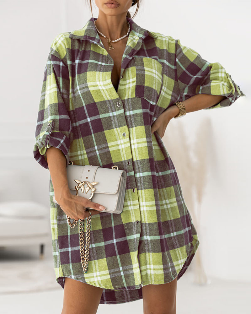 

Plaid Print Roll Up Sleeve Button Down Shirt Dress, Green