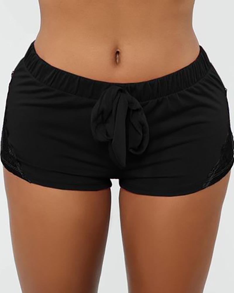 

Corchet Lace Colorblcok Drawstring Sporty Shorts, Black