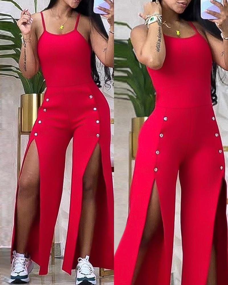 

Spaghetti Strap High Slit Jumpsuit, Red