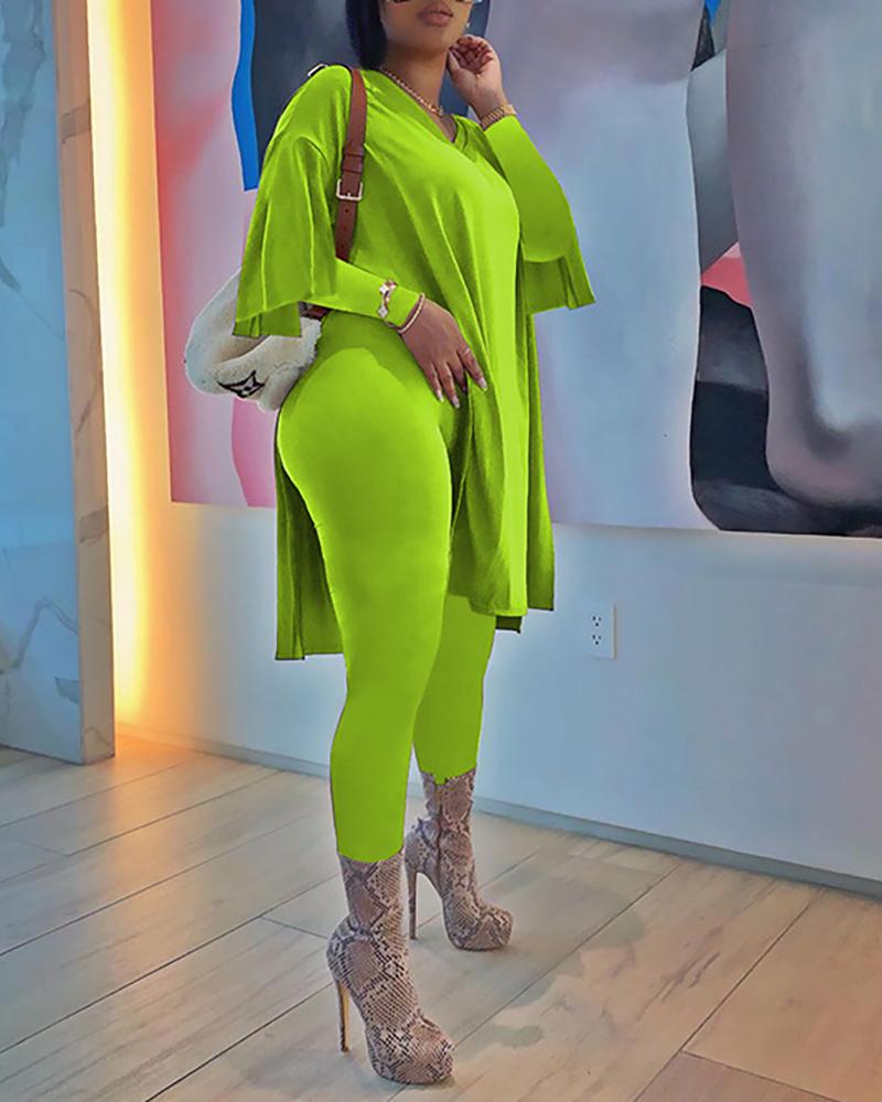 

Plain Slit Top & Pants Set, Green